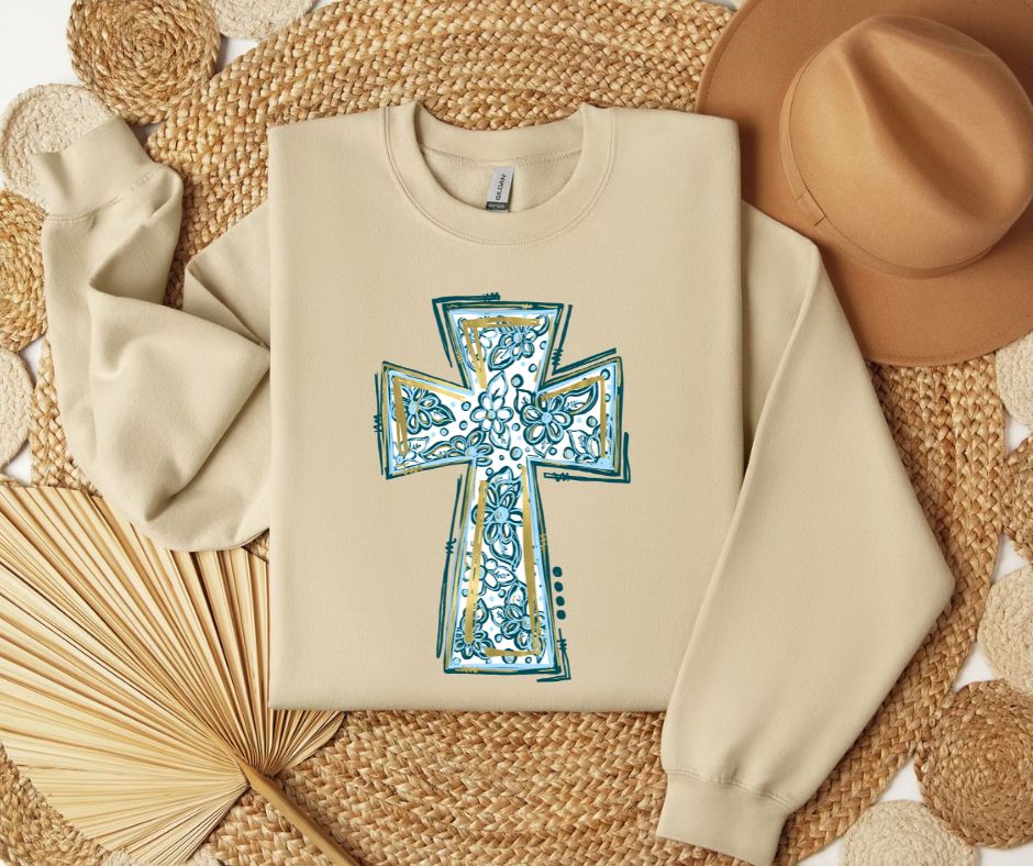 Blue and Green Floral Cross SWEATSHIRT.