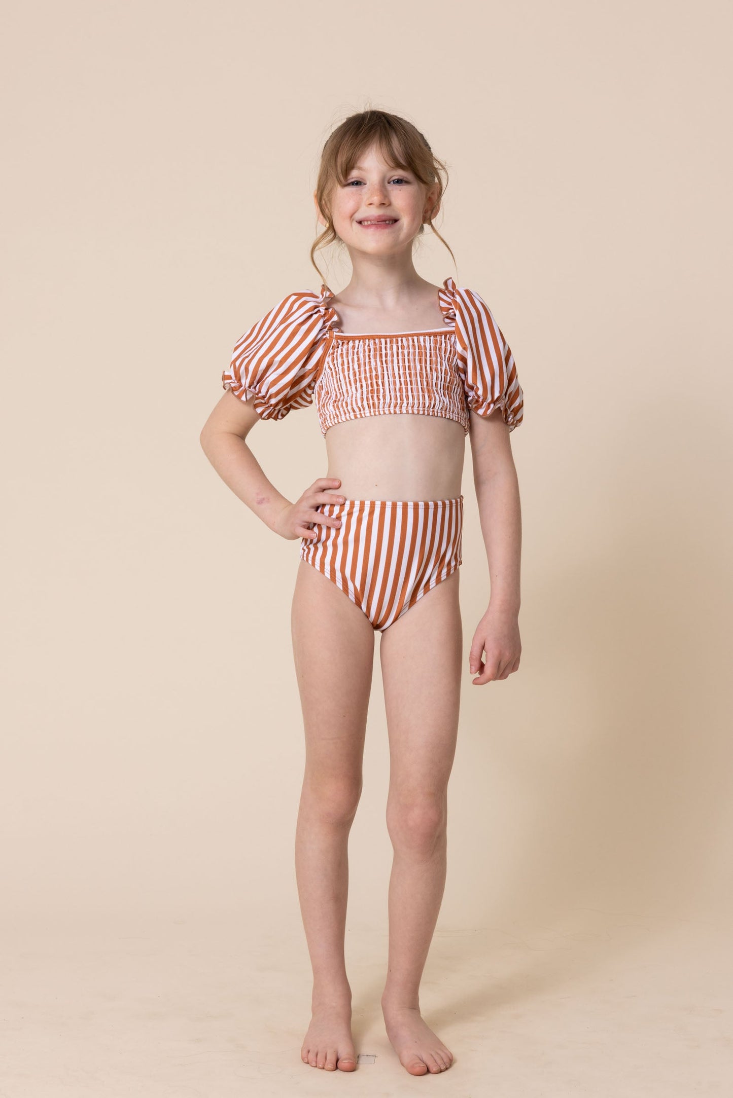 Terracotta stripe smocked 2pc girl swimsuit (size run small, go up 2-3 sizes)