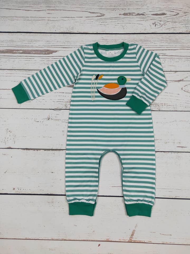 Green Striped Duck Applique' Romper