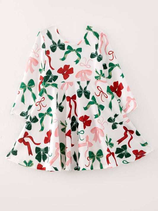 Girls Christmas Bow Print Twirl Dress