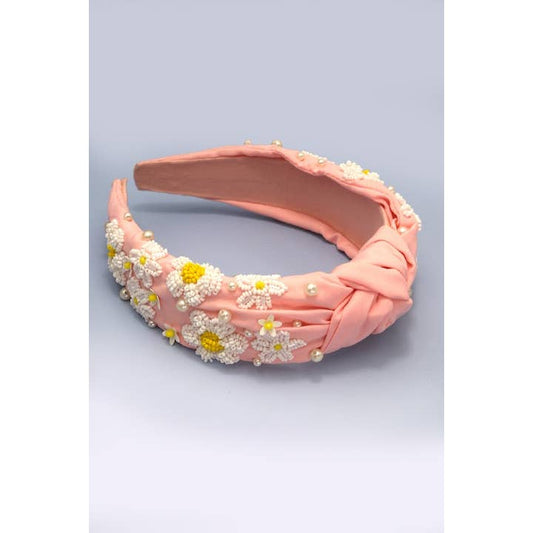 Seed Bead Daisy Flower Knotted Headband - Pink