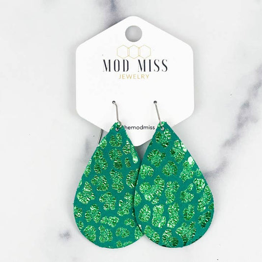 Metallic Green Leather Teardrop Earrings