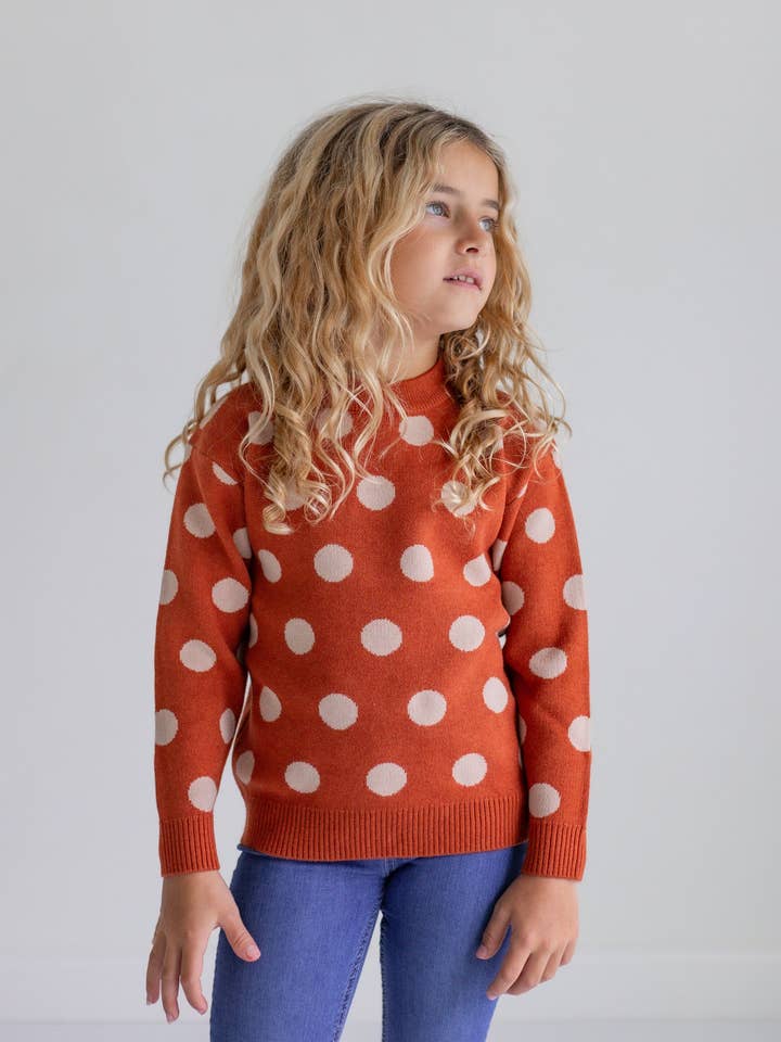 Rust and Beige Polka Dot Crew Neck Sweater