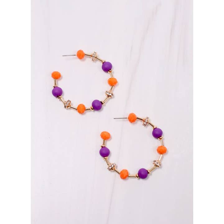 Orange and Purple Gerald Beaded Hoop Earrings