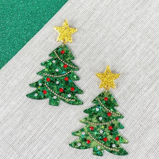 Acrylic Confetti Christmas Tree Earrings- Green