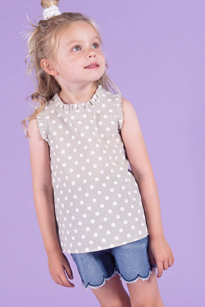 Taupe Woven Polka Dot Ruffle Top