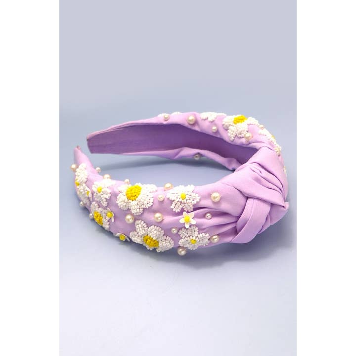 Seed Bead Daisy Flower Knotted Headband - Lilac