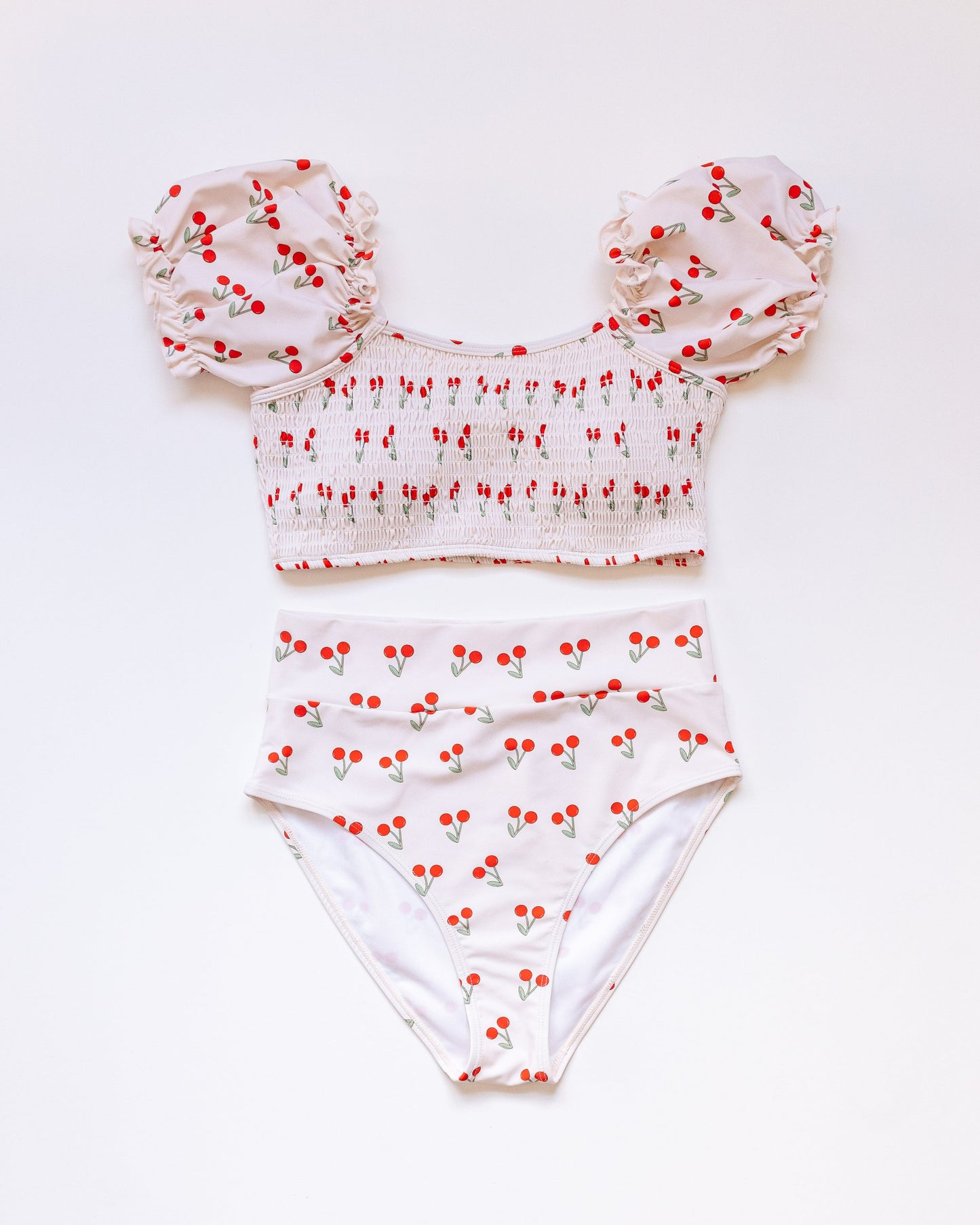 Cherry print smocked bikini 2pc women swimsuit