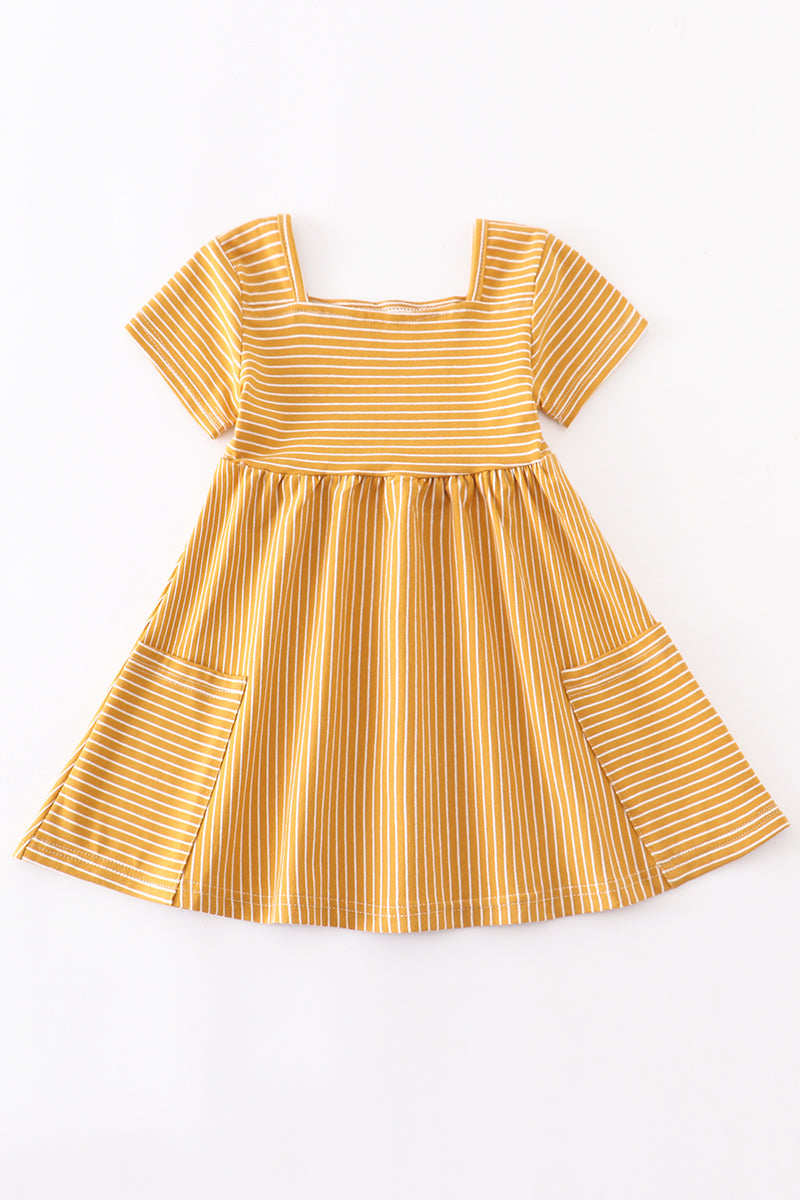 Mustard Striped Square Neck Twirl Dress