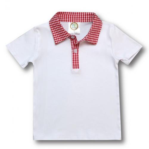 Short Sleeve Boys Polo Style Collared Shirt- Red Seersucker Trim